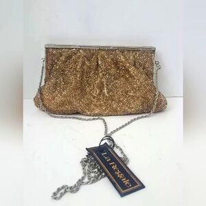 La Regal Ltd Small Vintage Gold Beaded Evening Clutch Handbag Purse Silver Chain